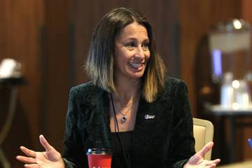 Mountain West Conference commissioner Gloria Nevarez speaks during men's basketball media day, ...