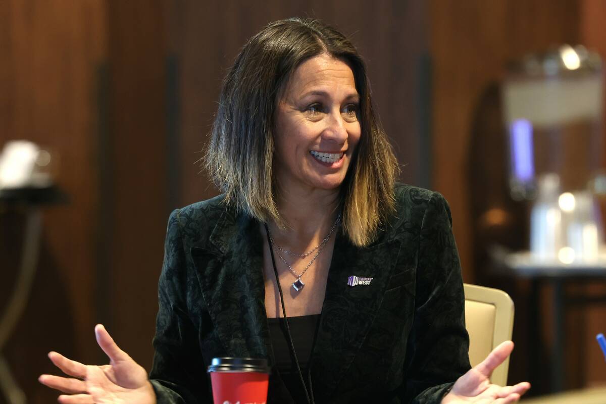 Mountain West Conference commissioner Gloria Nevarez speaks during men's basketball media day, ...