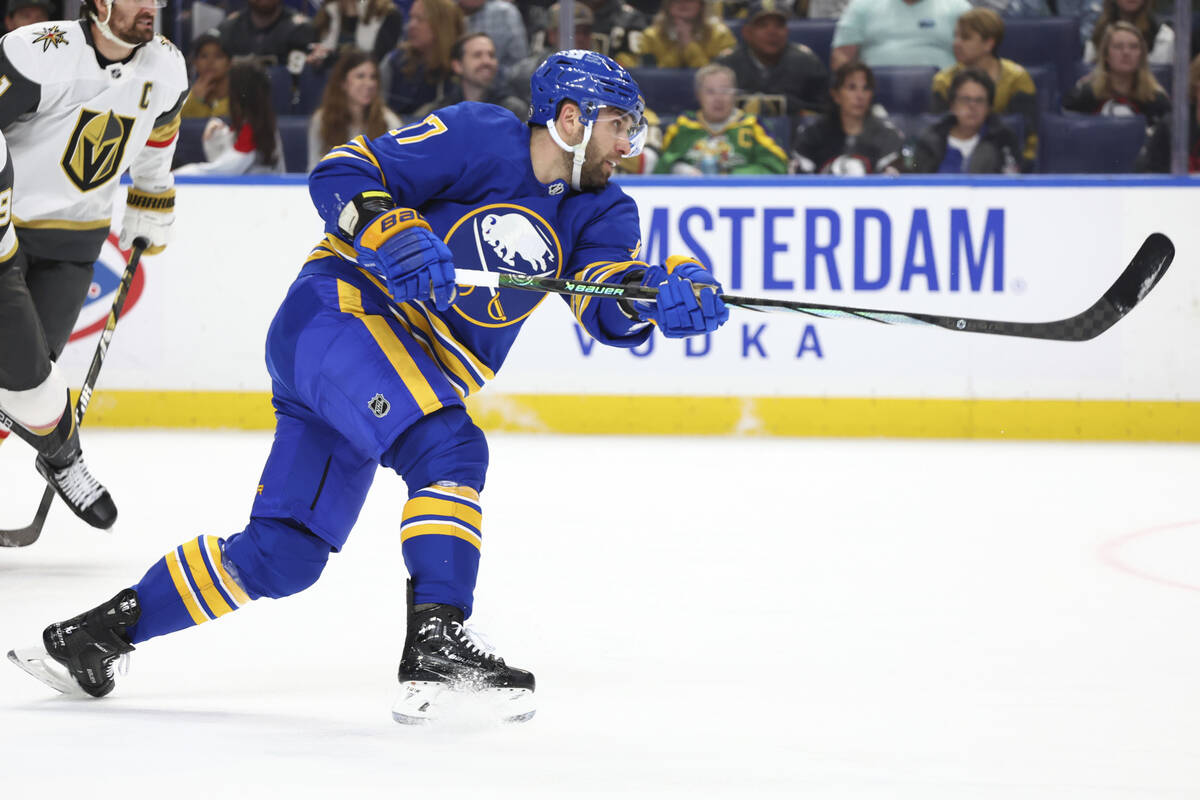 Buffalo Sabres left wing Jason Zucker (17) takes a shot on net during the first period of an NH ...