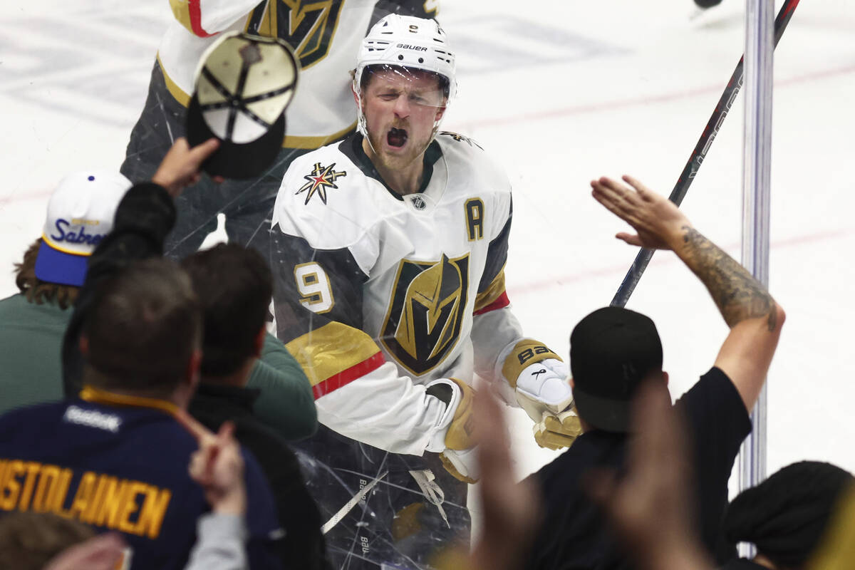 Vegas Golden Knights center Jack Eichel (9) celebrates his goal during the third period of an N ...