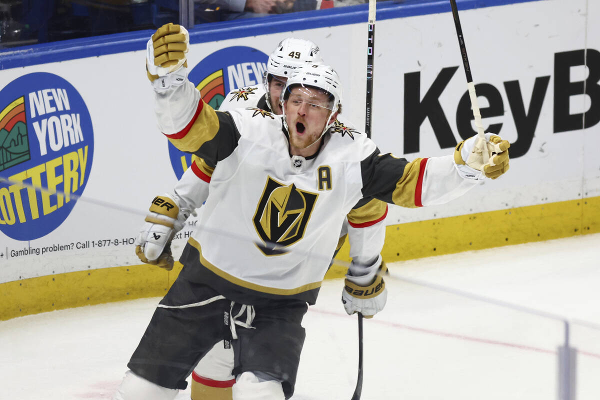 Vegas Golden Knights center Jack Eichel (9) celebrates his goal during the third period of an N ...