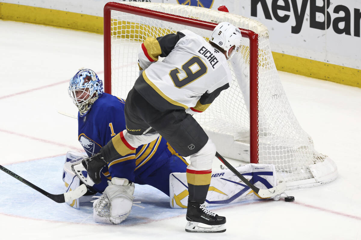 Buffalo Sabres goaltender Ukko-Pekka Luukkonen (1) stops Vegas Golden Knights center Jack Eiche ...
