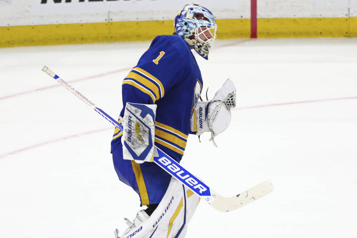 Buffalo Sabres goaltender Ukko-Pekka Luukkonen (1) celebrates a 3-2 victory following a shootou ...
