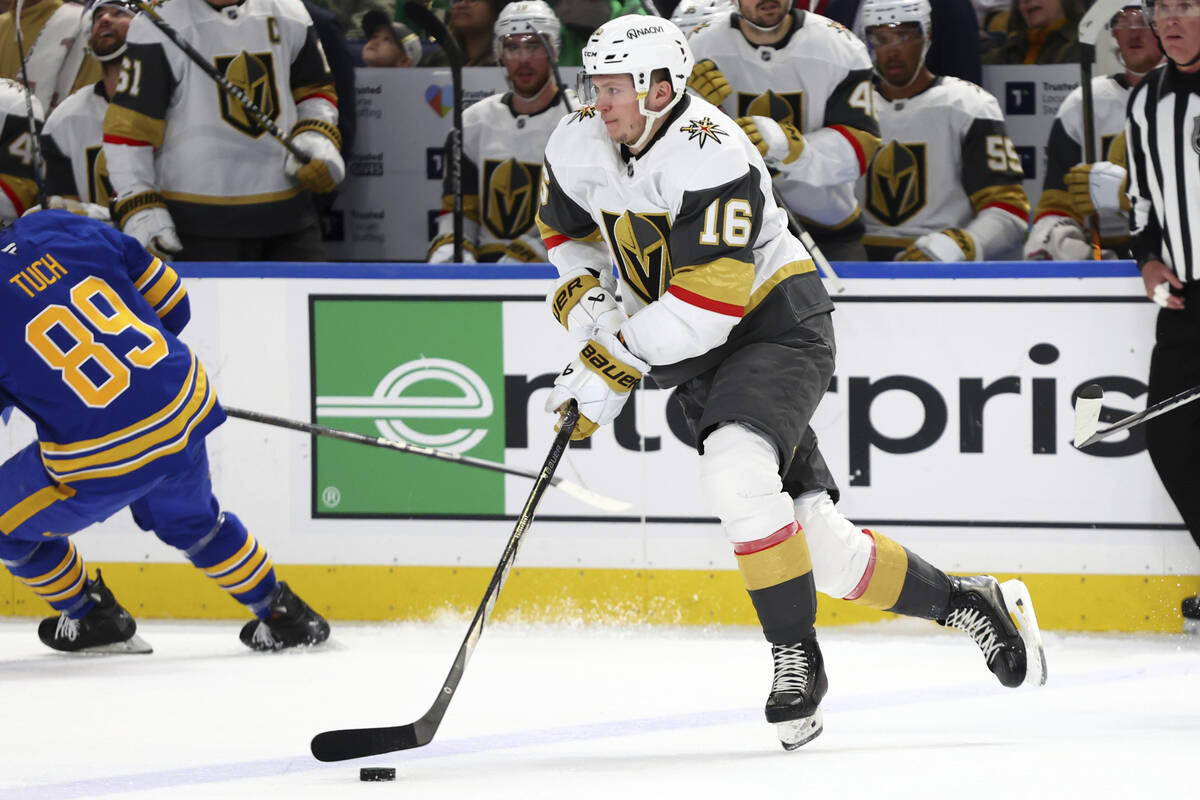 Vegas Golden Knights left wing Pavel Dorofeyev (16) carries the puck over the blue line during ...