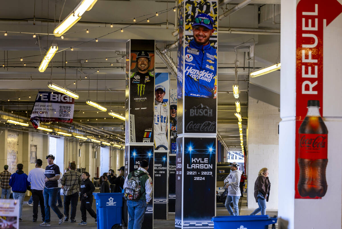 NASCAR Cup drivers are promoted on pillars within the concourse during The LiUNA NASCAR Xfinity ...