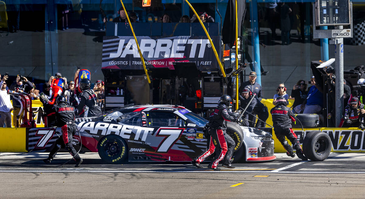 Driver Justin Allgaier (7) stops for his second pit during The LiUNA NASCAR Xfinity Series race ...