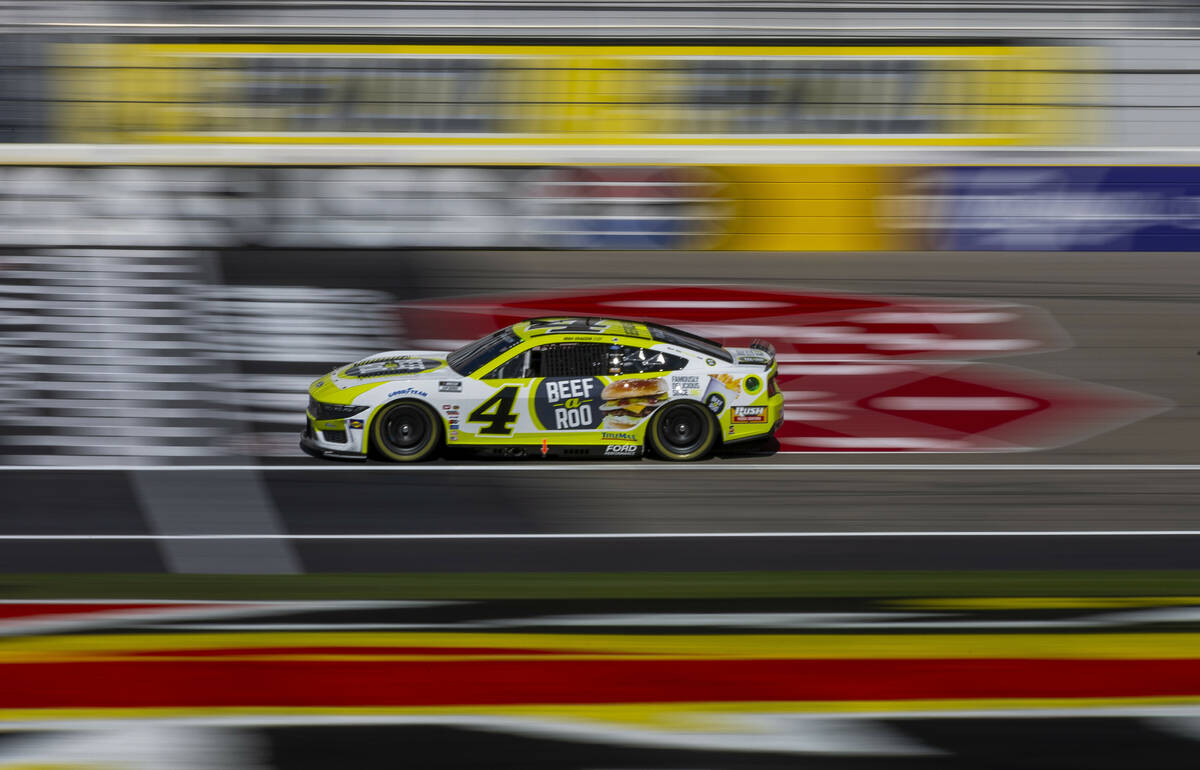Noah Gragson (4) takes a lap during practice for the NASCAR Cup Series race at Las Vegas Motor ...