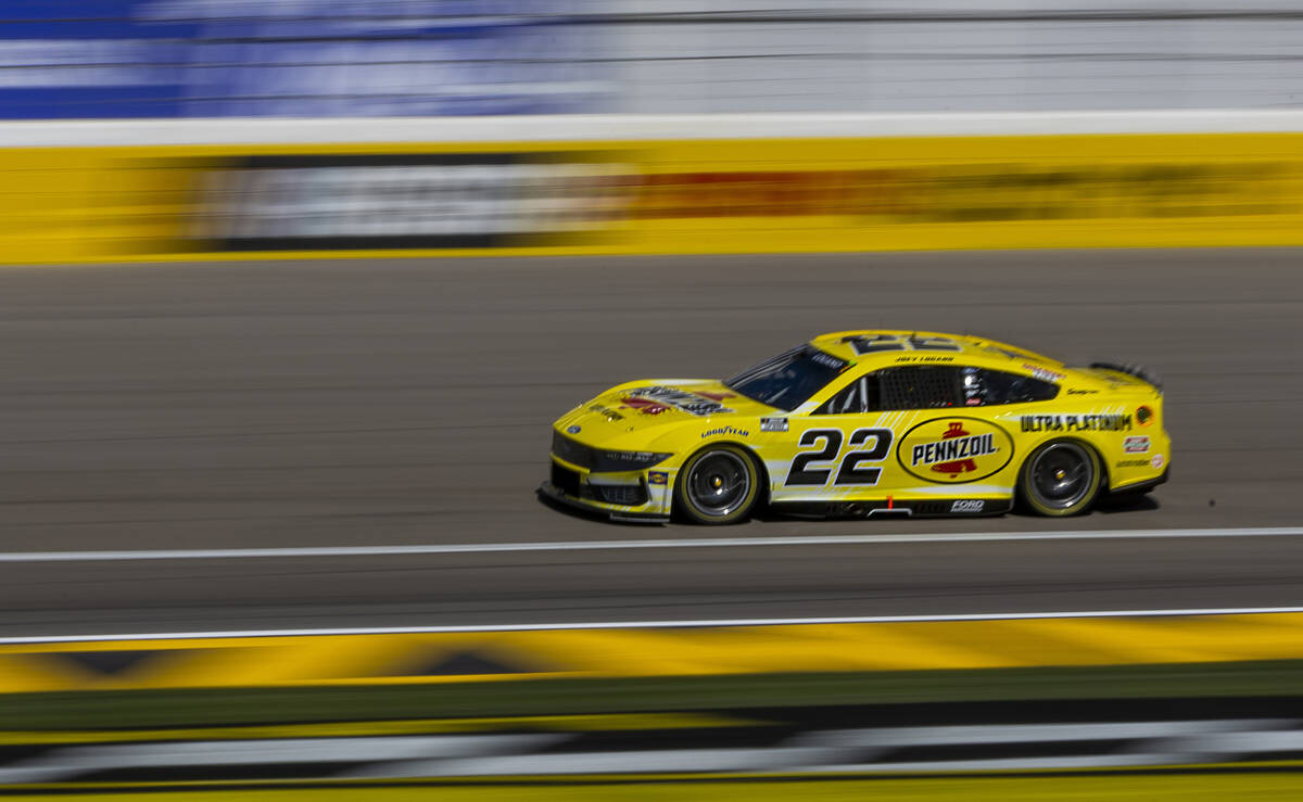 Joey Logano (22) takes a lap during practice for the NASCAR Cup Series race at Las Vegas Motor ...