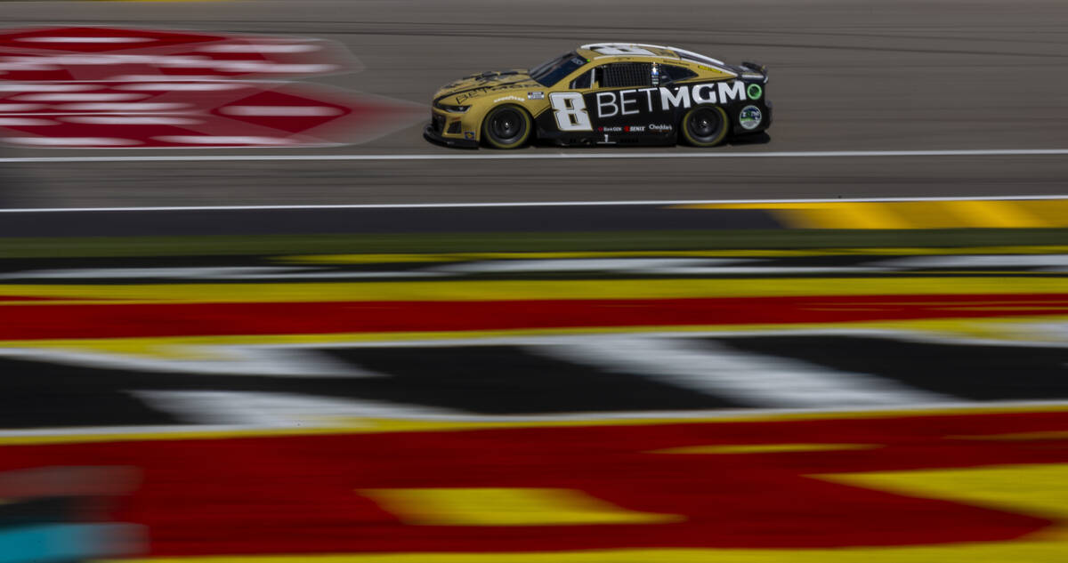 Kyle Busch (8) takes a lap during practice for the NASCAR Cup Series race at Las Vegas Motor Sp ...