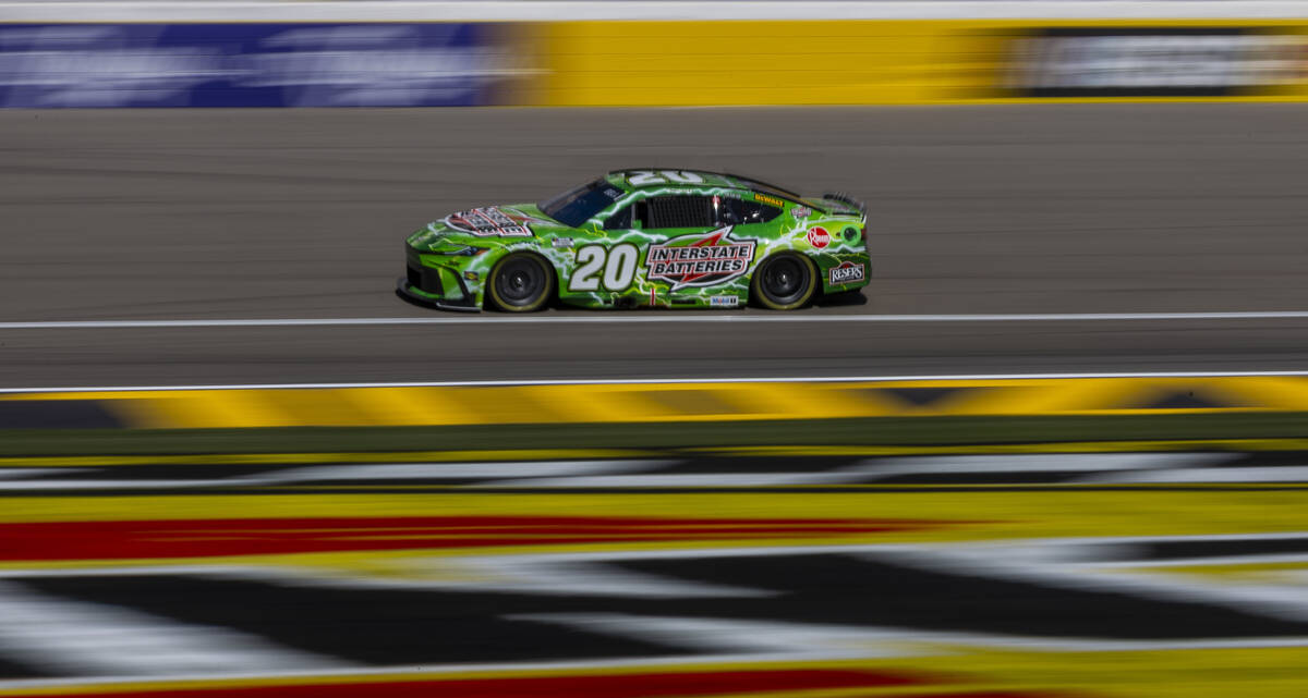 Christopher Bell (20) takes a lap during practice for the NASCAR Cup Series race at Las Vegas M ...