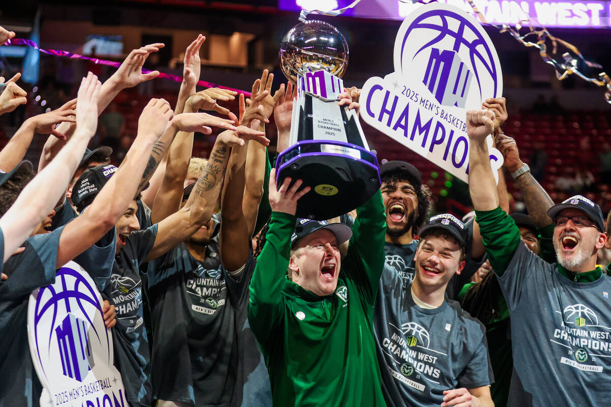 The Colorado State Rams celebrate winning the Mountain West tournament championship men’ ...