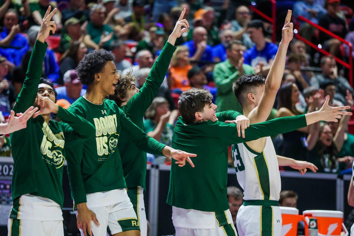 The Colorado State Rams bench Chers for their teammates during the Mountain West tournament cha ...