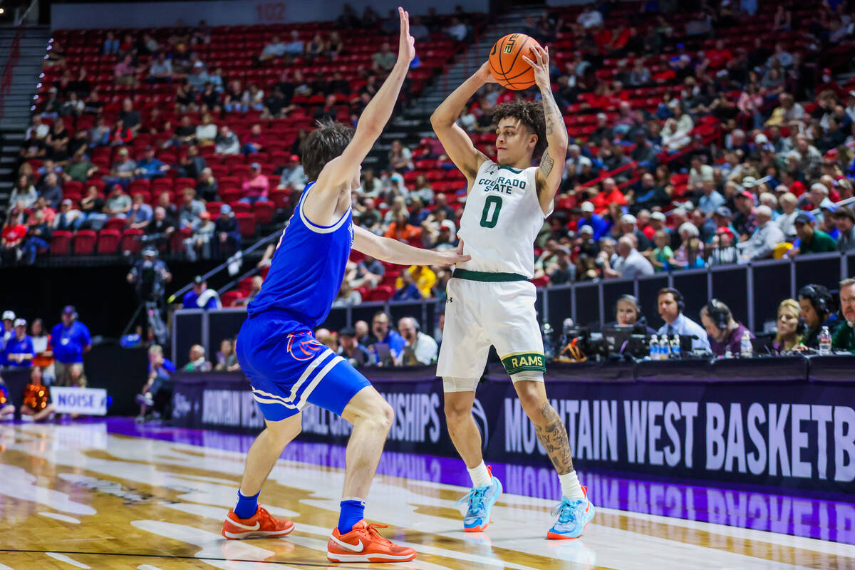 Boise State Broncos guard Julian Bowie (0) eyes an open teammate during the Mountain West tourn ...