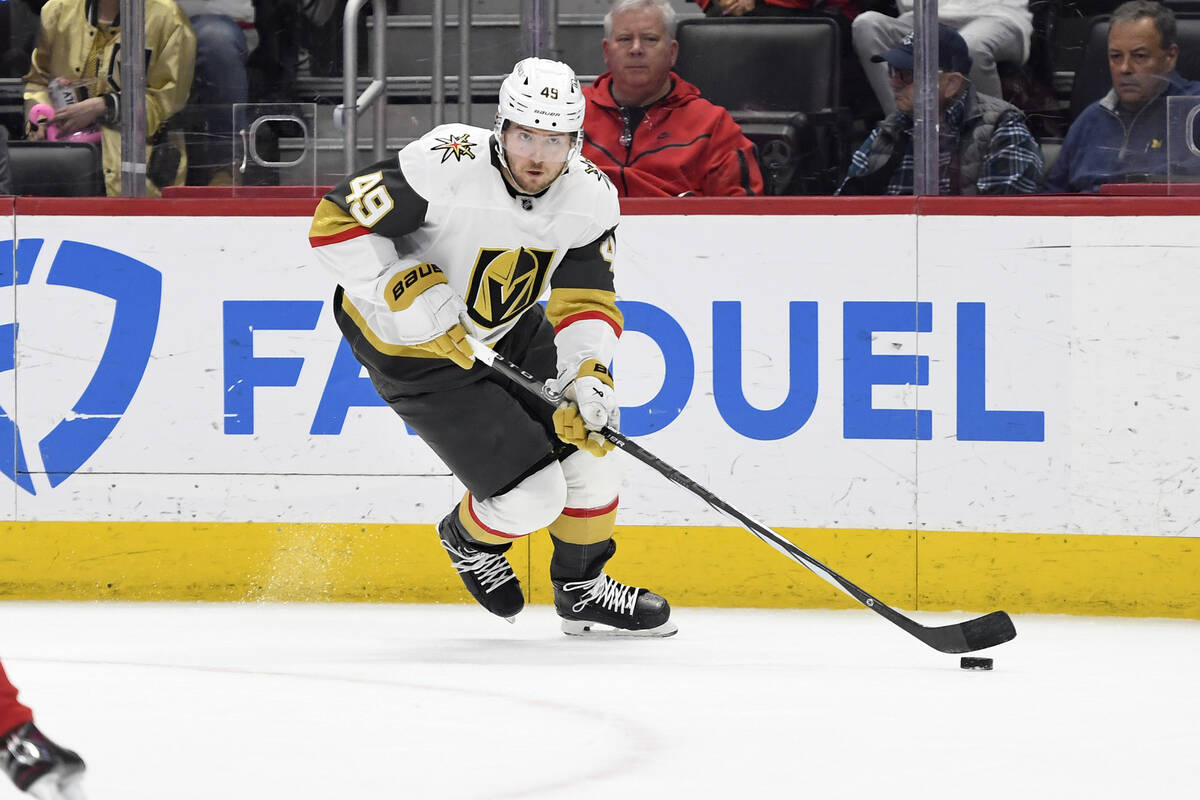Vegas Golden Knights center Ivan Barbashev skates with the puck during the first period of an N ...