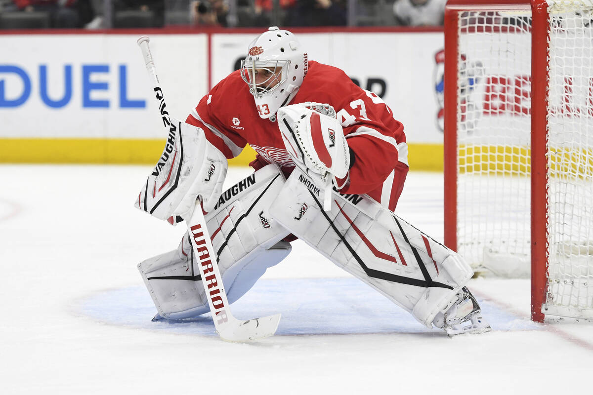 Detroit Red Wings goaltender Petr Mrazek watches during the third period of an NHL hockey game ...