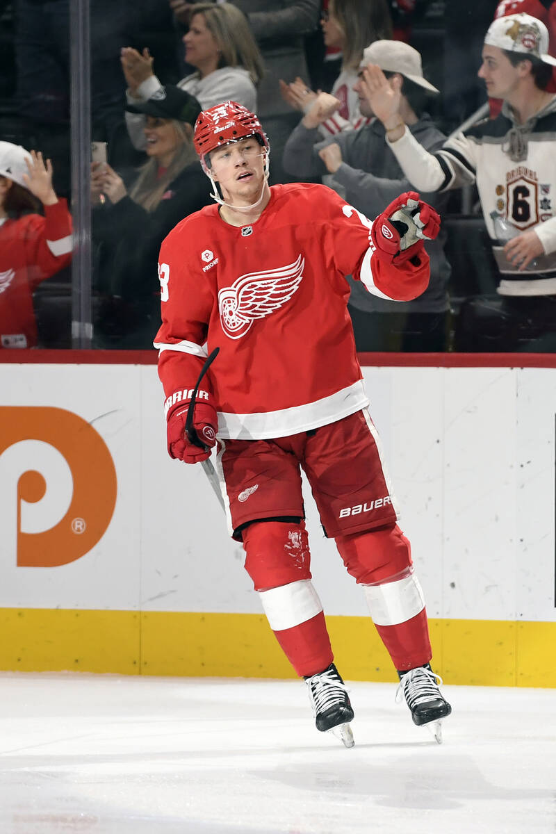 Detroit Red Wings left wing Lucas Raymond reacts after his goal against the Vegas Golden Knight ...