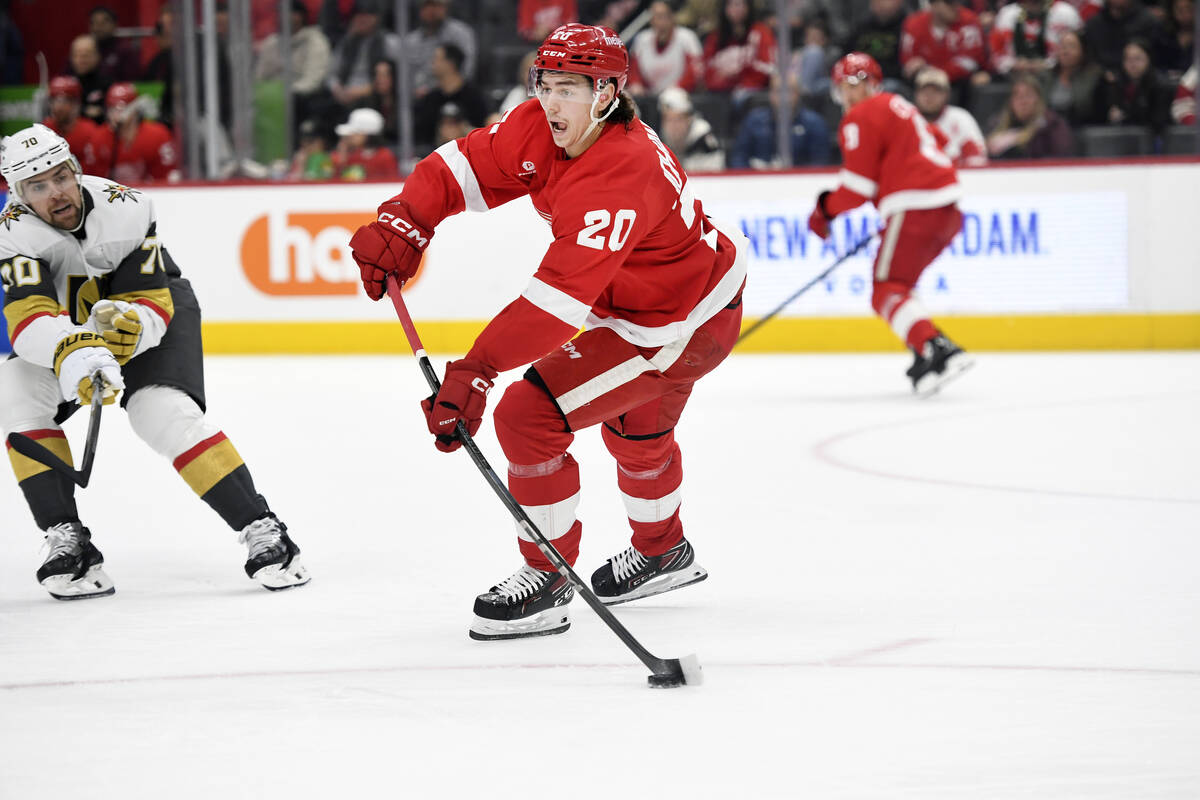 Detroit Red Wings defenseman Albert Johansson passes the puck during the first period of an NHL ...