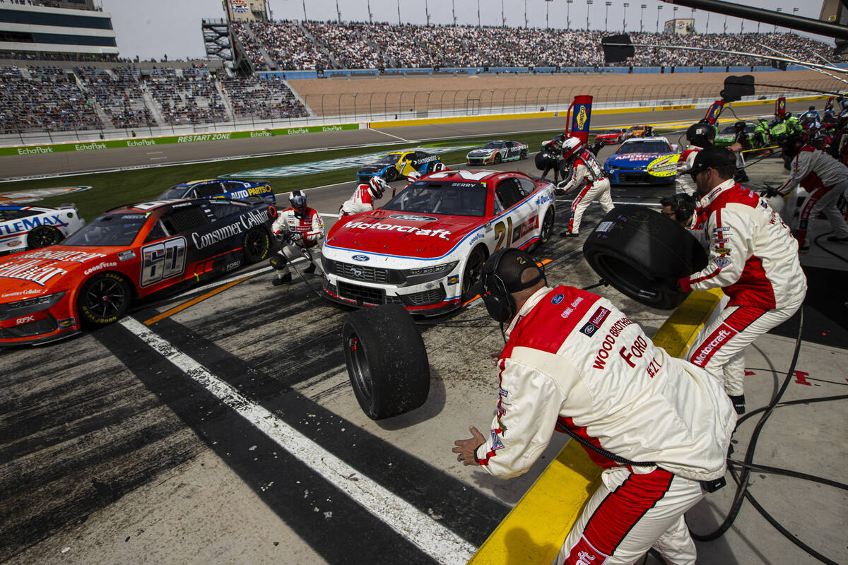Driver Josh Berry (21) pits during the Pennzoil 400 NASCAR Cup Series race at Las Vegas Motor S ...