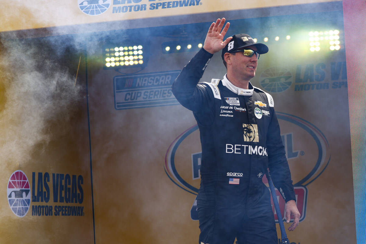 Driver Kyle Busch is introduced before the start of the Pennzoil 400 NASCAR Cup Series race at ...
