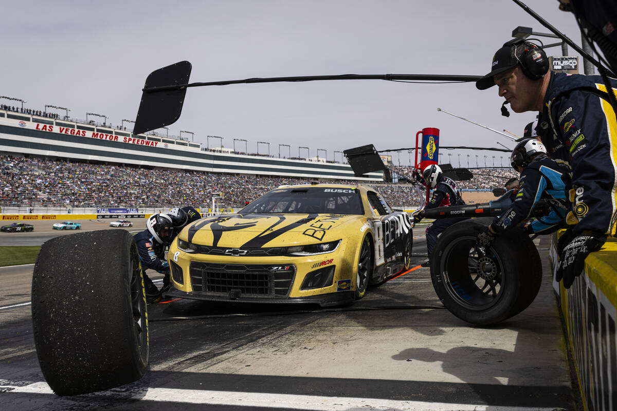 Driver Kyle Busch (8) pits during the Pennzoil 400 NASCAR Cup Series race at Las Vegas Motor Sp ...