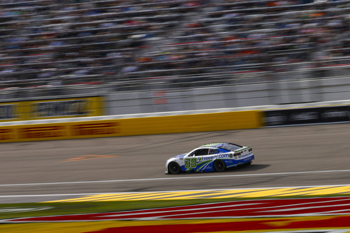 Driver Daniel Suarez (99) competes during the Pennzoil 400 NASCAR Cup Series race at Las Vegas ...