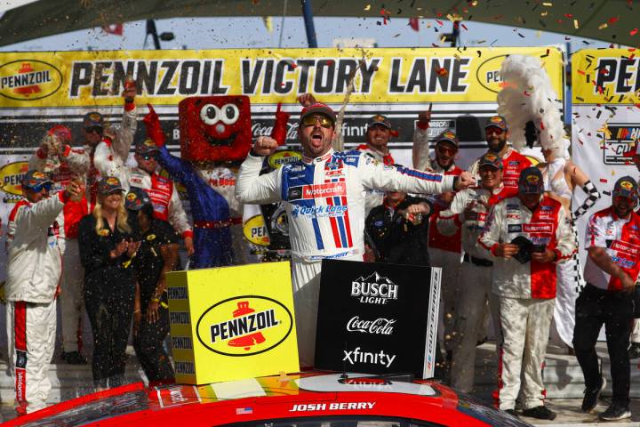 Driver Josh Berry celebrates after winning the Pennzoil 400 NASCAR Cup Series race at Las Vegas ...