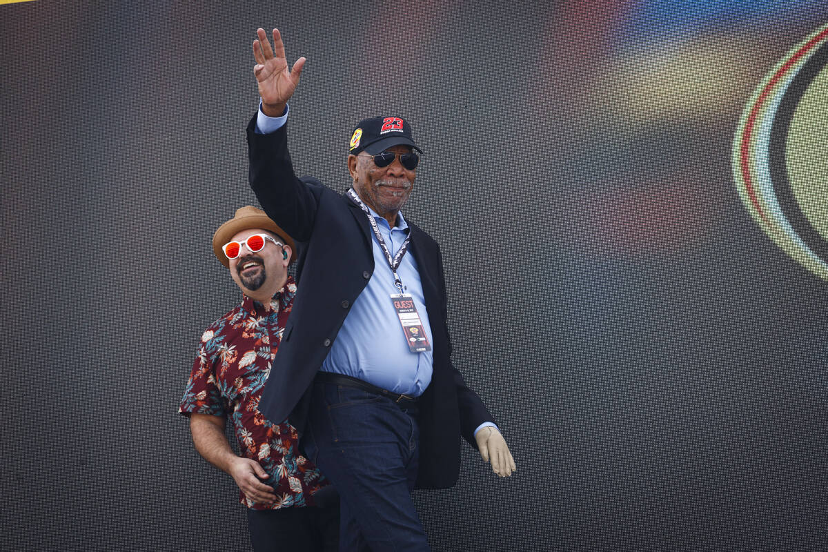 Morgan Freeman, the grand marshal for the race, is introduced before the start of the Pennzoil ...