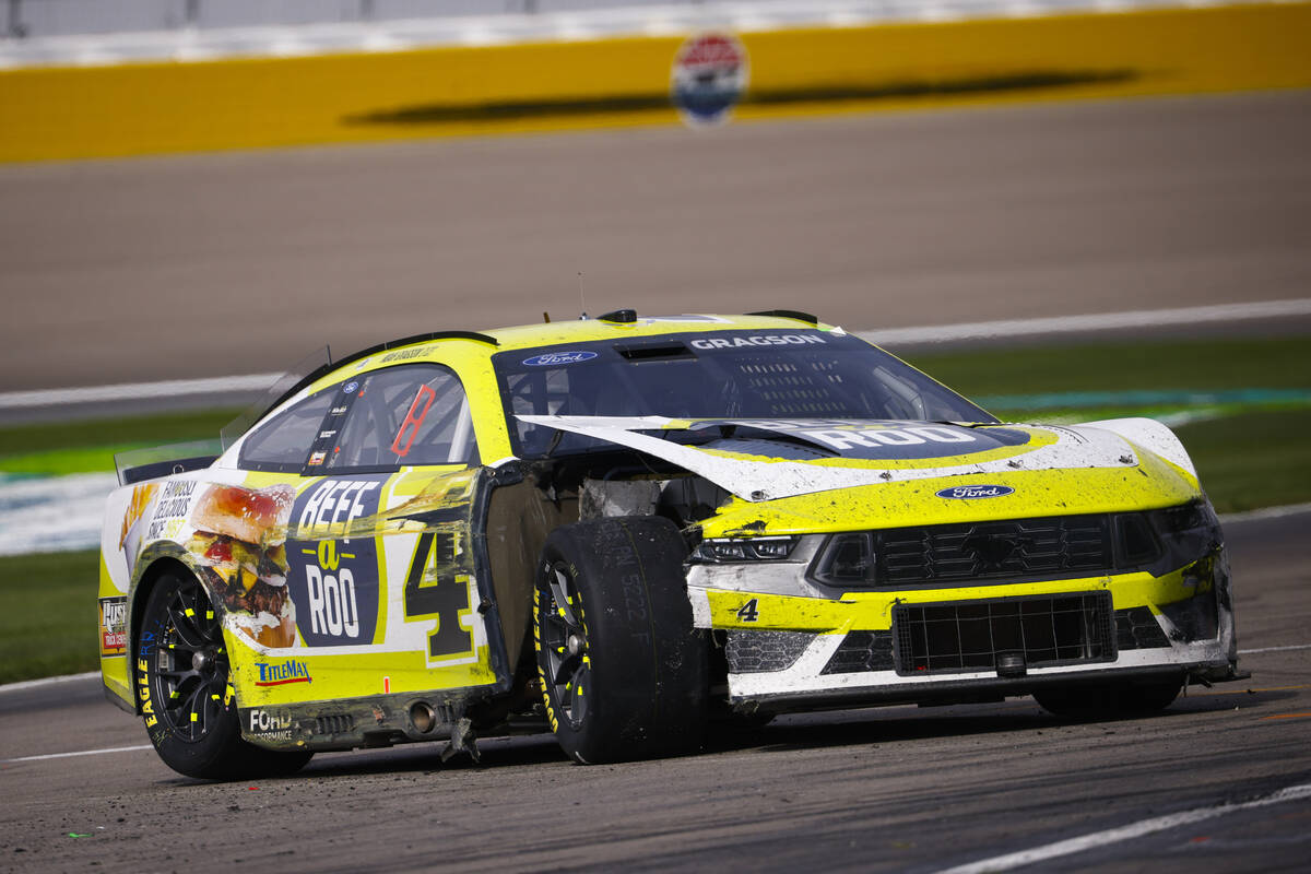 Driver Noah Gragson (4) leaves the track after getting damaged during the Pennzoil 400 NASCAR C ...