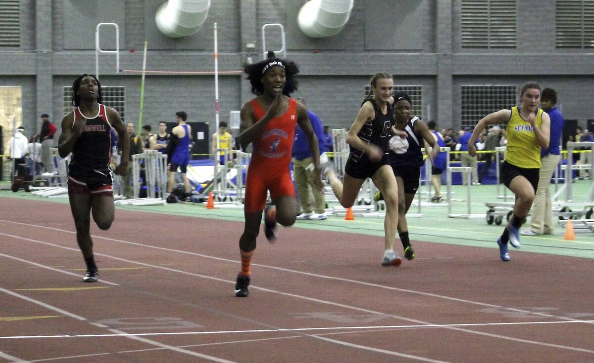 In this Feb. 7, 2019, file photo, Bloomfield High School transgender athlete Terry Miller, seco ...