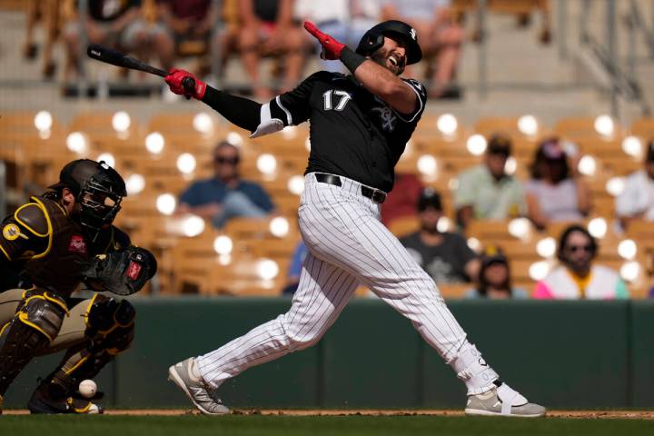 Chicago White Sox's Joey Gallo reacts as he is called out on strikes during the second inning o ...