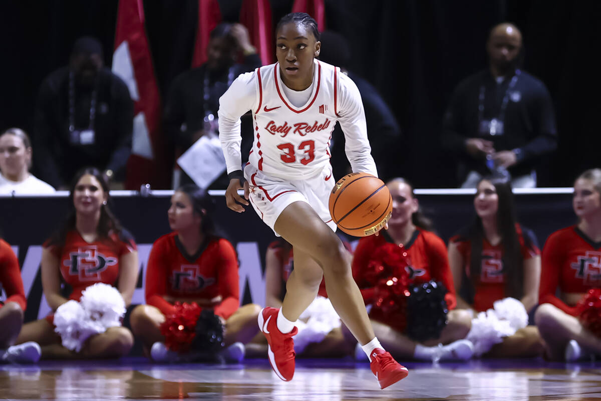 UNLV Lady Rebels guard Amarachi Kimpson (33) brings the ball up court against San Diego State d ...