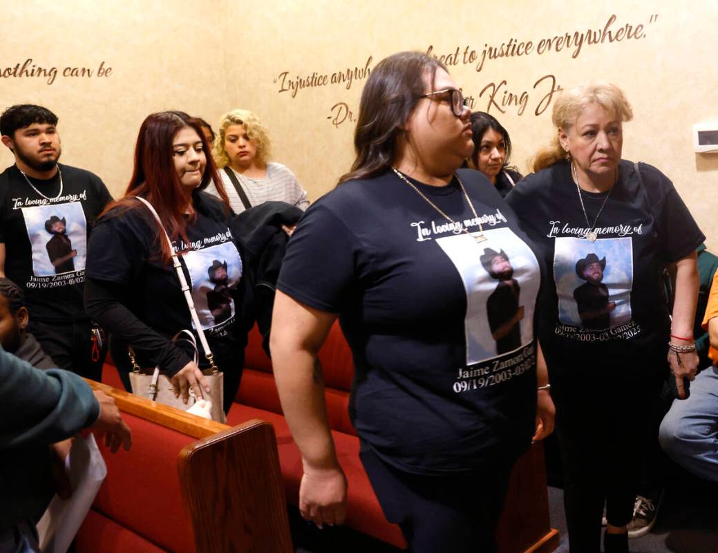 Magda Gamez, right, the mother of shooting victim Jamie Zamora Gamez, and family members leave ...