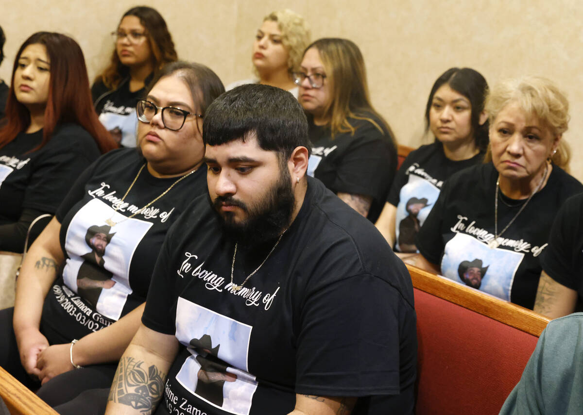 Magda Gamez, right, the mother of shooting victim Jamie Zamora Gamez, and family members attend ...