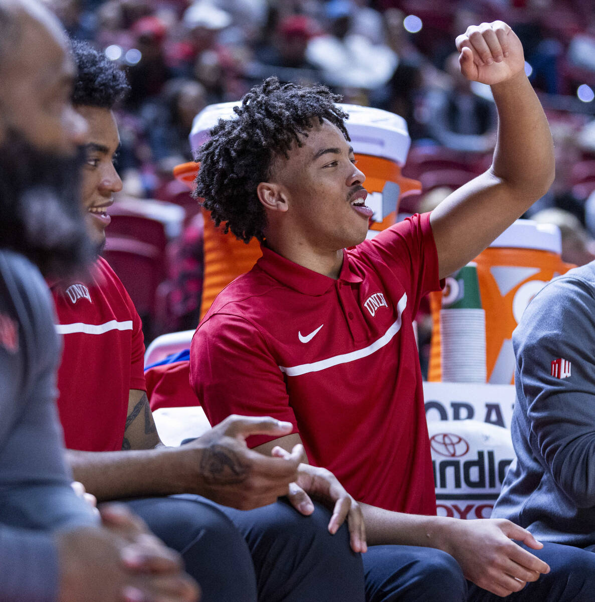 UNLV guard Dedan Thomas Jr. (11) cheers for his teammates from the bench against the Colorado S ...