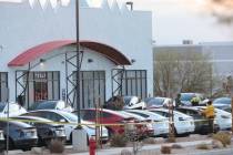 Graffiti is seen on a window at a Tesla service center in Las Vegas where authorities say a per ...