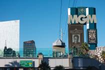 A sign for the MGM Grand is seen on the Strip on Thursday, Nov. 9, 2023, in Las Vegas. (Madelin ...
