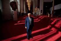 U.S. President Donald Trump talks to the media in the Hall of Nations during a tour at the John ...
