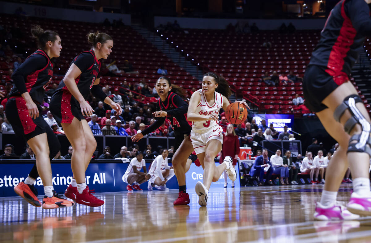 UNLV Lady Rebels guard Kiara Jackson (3) drives to the basket against San Diego State Aztecs gu ...
