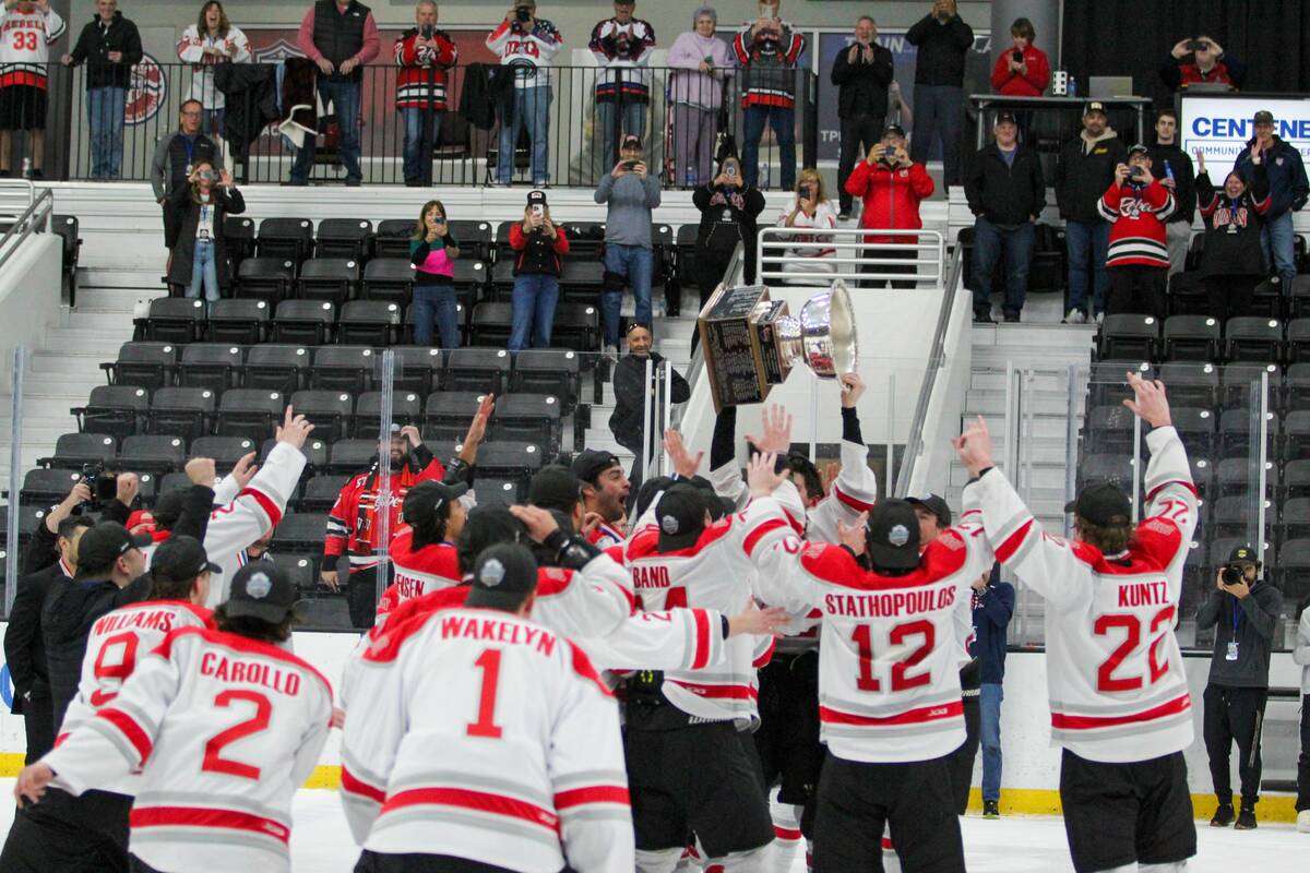 UNLV players celebrate after beating Adrian College in the American Collegiate Hockey Associati ...