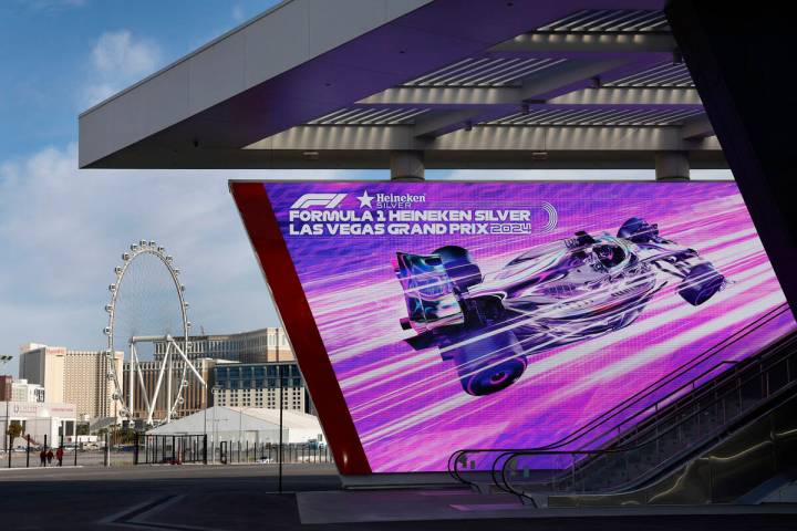 The Grand Prix Plaza entrance is seen, on Friday, March 22, 2024, in Las Vegas. (Bizuayehu Tesf ...