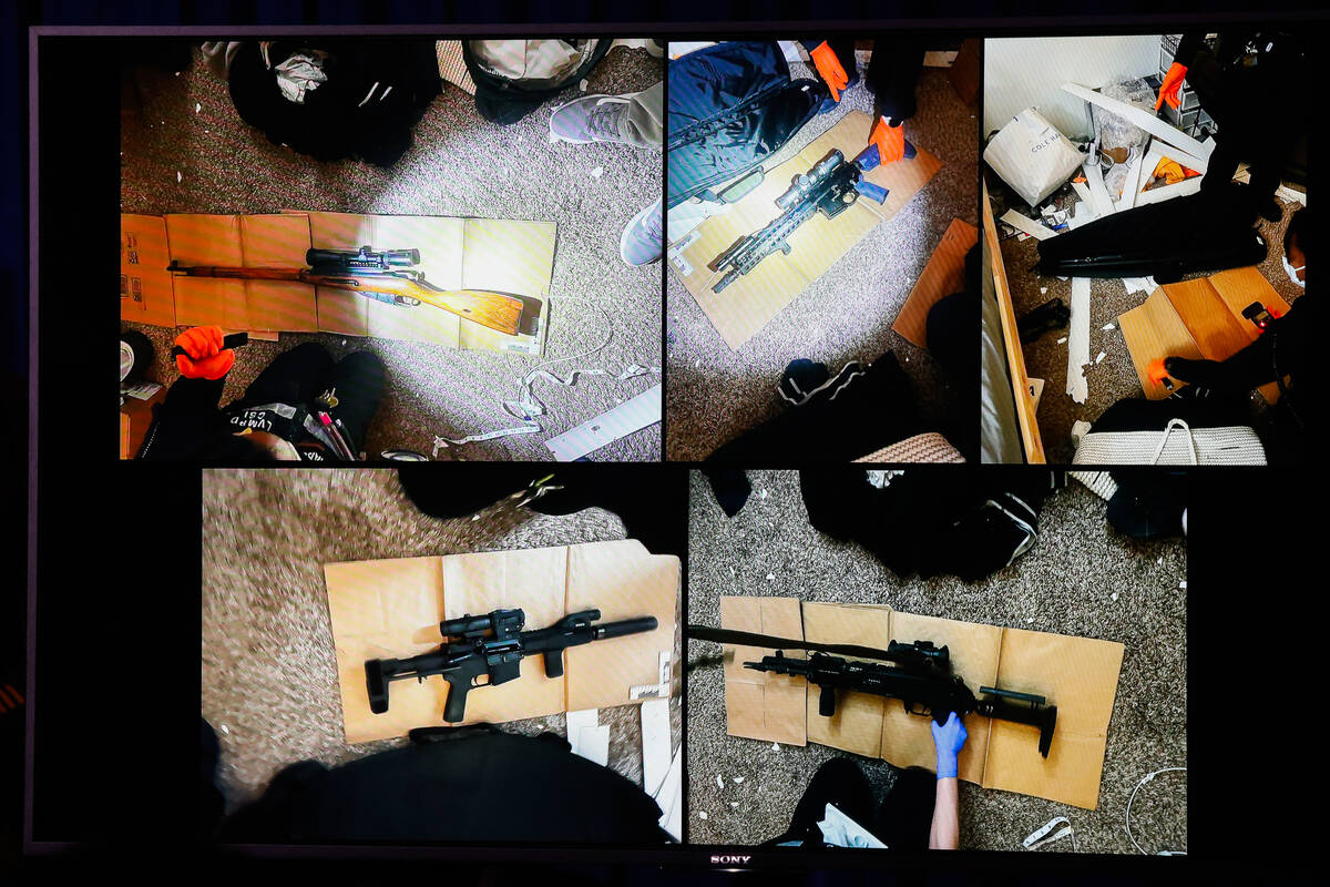 Police display photos of weapons they say they found at Paul Hyon Kim’s apartment on a televi ...