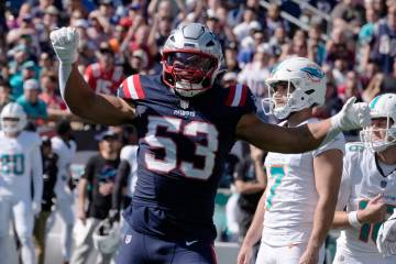 New England Patriots linebacker Christian Elliss (53) during the first half of an NFL football ...