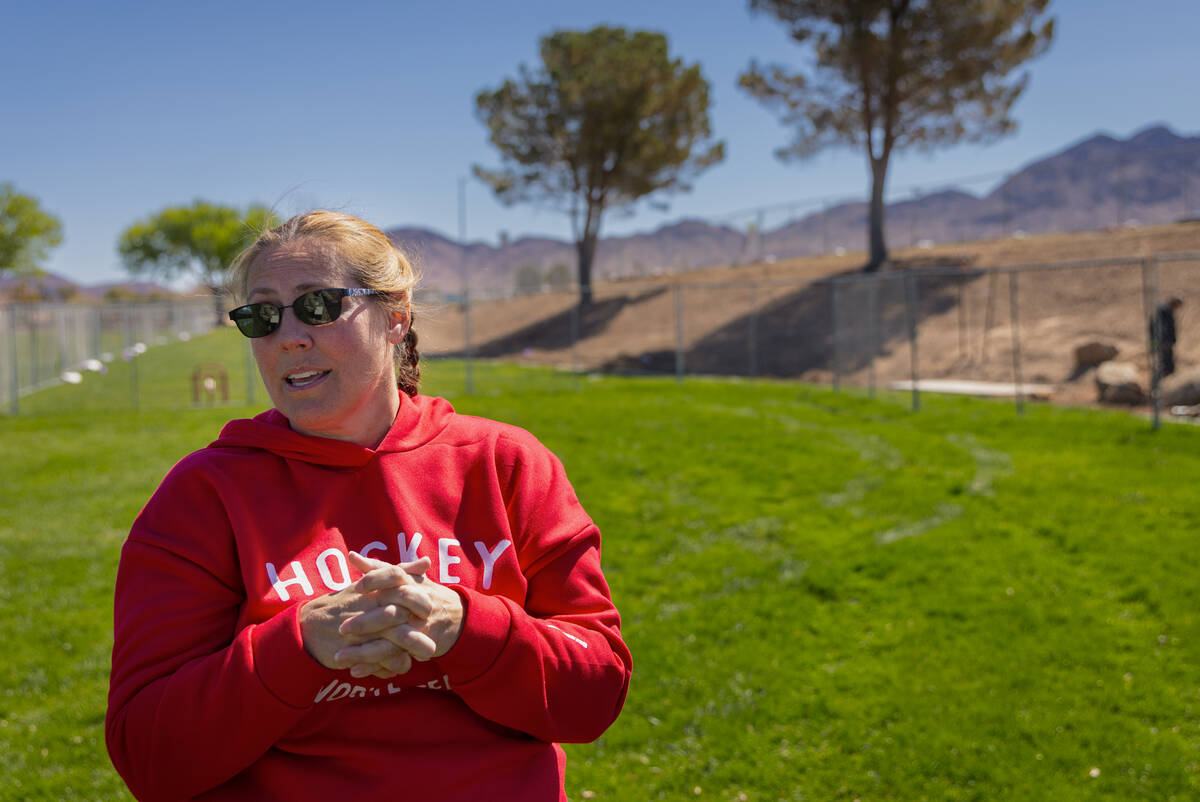 Joanna Bennett of Henderson talks about the removal of grass at Mission Hills Park on Wednesday ...