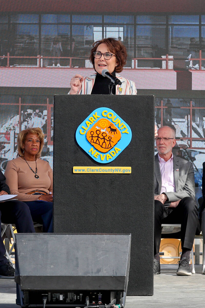 U.S. Sen. Jacky Rosen, D-Nev., speaks during a groundbreaking ceremony on a mixed-use developme ...