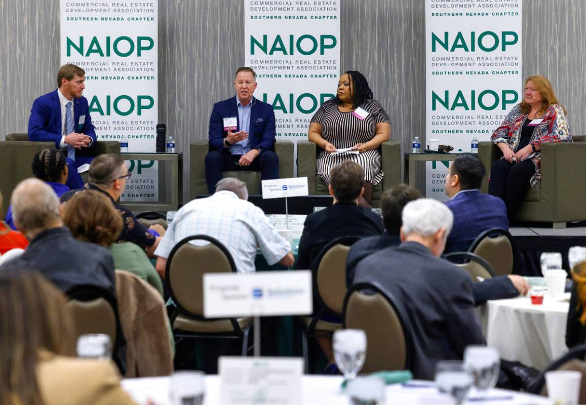 James Bristow, left, of Midnight Sun Consulting, a moderator, Asha Jones, second right, vice pr ...