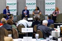 James Bristow, left, of Midnight Sun Consulting, a moderator, Asha Jones, second right, vice pr ...