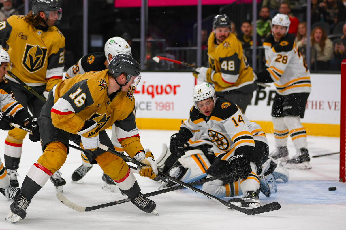 Golden Knights left wing Pavel Dorofeyev (16) =takes a shot against Boston Bruins defenseman Ia ...