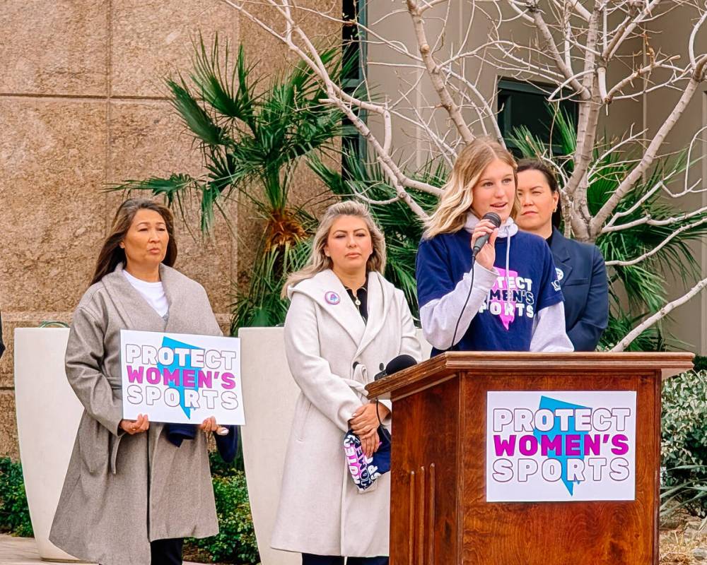 Kendall Lewis, a junior attending Galena High School, speaks at a Protect Women’s Sports even ...