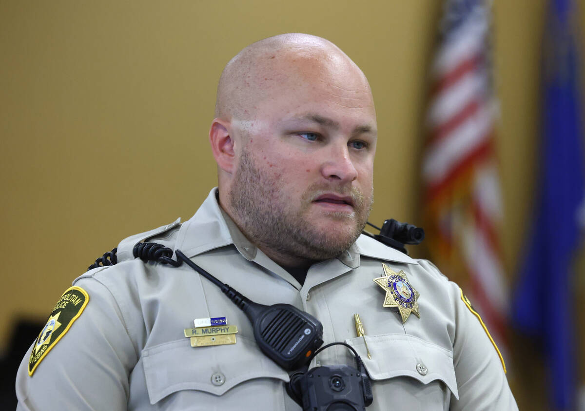 Metro police officer Ryan Murphy speaks during an interview with the Review-Journal after recei ...