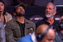 New FBI director Kash Patel with actor Mel Gibson at UFC 313 in the T-Mobile Arena on Saturday, ...